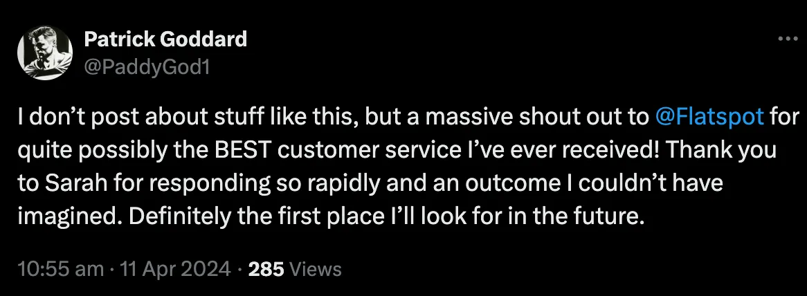 Twitter screenshot testimonial for Flatspot customer service