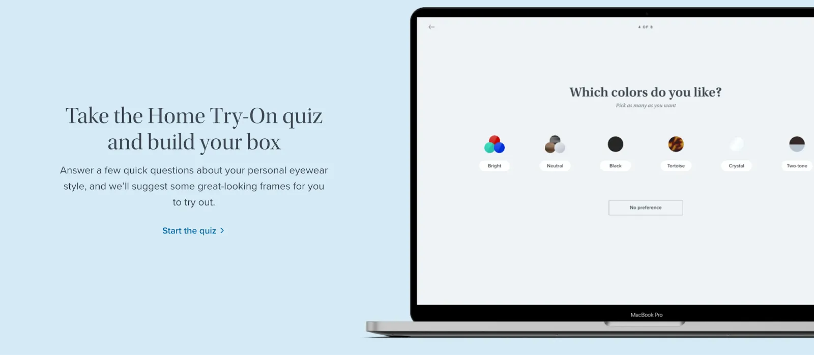 Warby Parker Home Try-On program screenshot