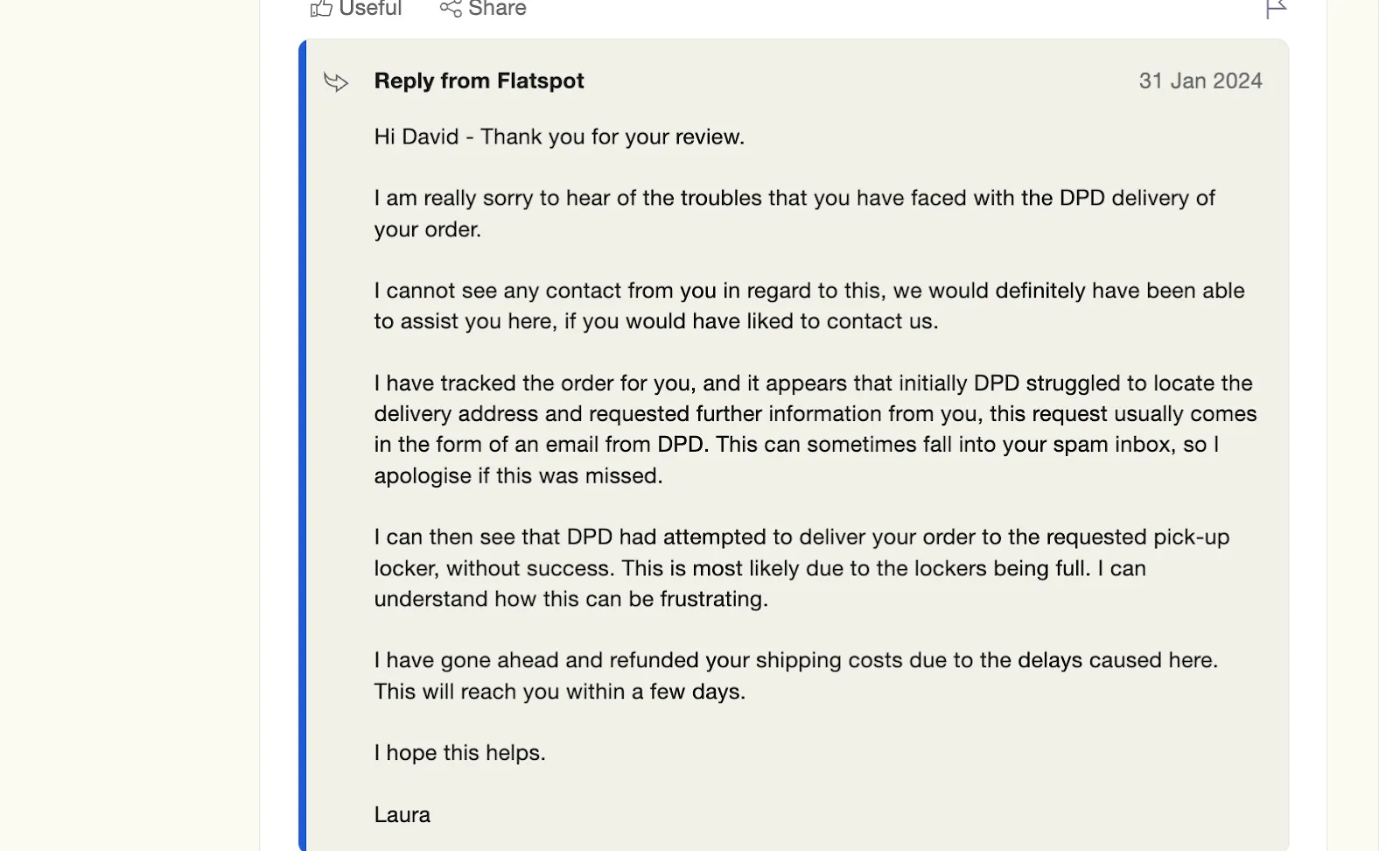 Reply from Flatspot screenshot with empathy
