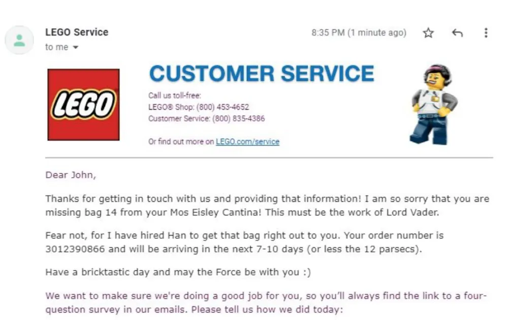 Email from lego with an emphatic response to customer complain