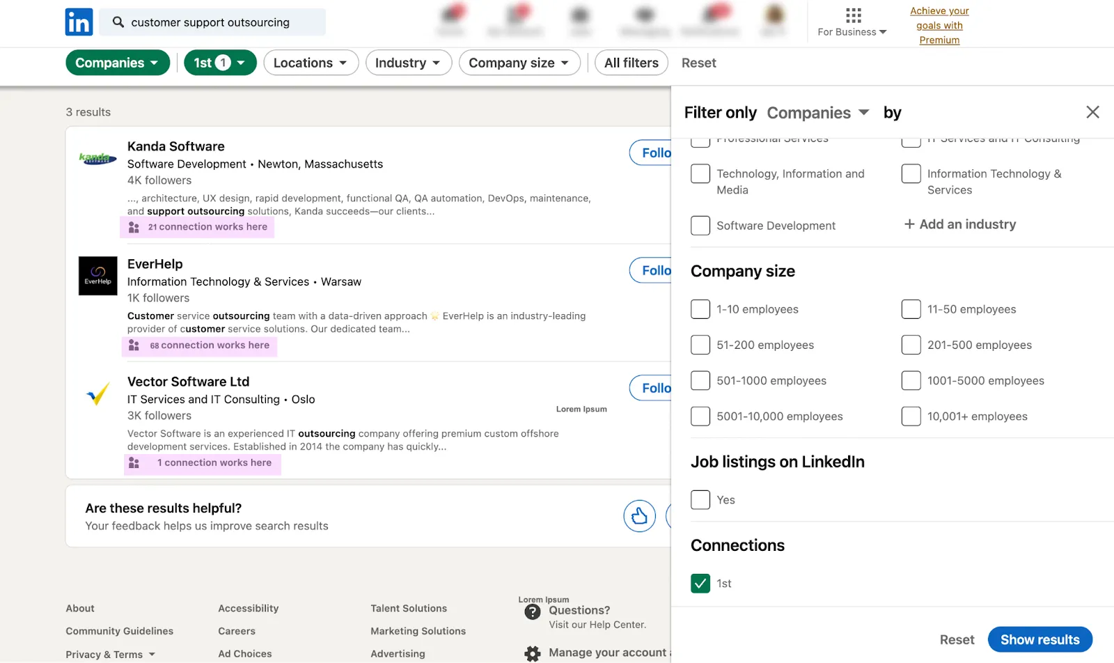 Screenshot of Linked In customer support outsourcing search